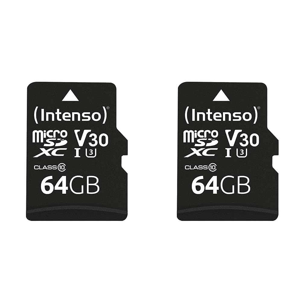 Intenso Professional microSDXC 64GB klase 10 UHS-I, U3, V30 atmiņas karte ar SD adapteri (līdz 100 MB/s), melna (iepakojumā ar 2)