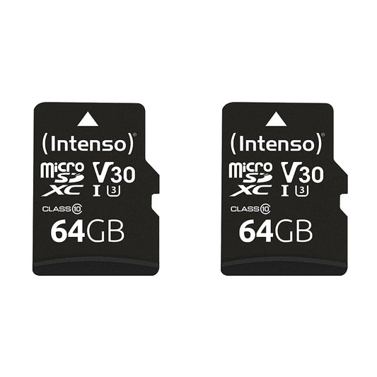Intenso Professional microSDXC 64GB klase 10 UHS-I, U3, V30 atmiņas karte ar SD adapteri (līdz 100 MB/s), melna (iepakojumā ar 2)