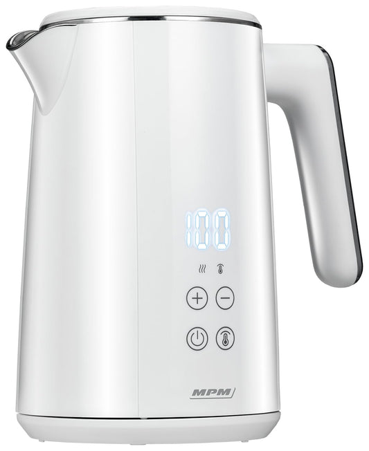 MPM MCZ-120 ūdens vārītājs - 1,5L, dubultsienu dizains, temperatūras regulēšana 40-100°C, nerūsējošais tērauds, 2200W, kluss, balts