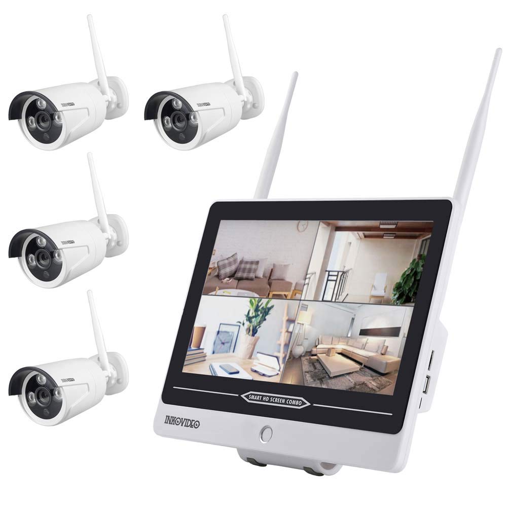 Inkovideo INKO-AL3003-4 - WLAN uzraudzības komplekts ar integrētu 30,48 cm (12“ collas) monitoru un 4X 3 MP uzraudzības kamerām