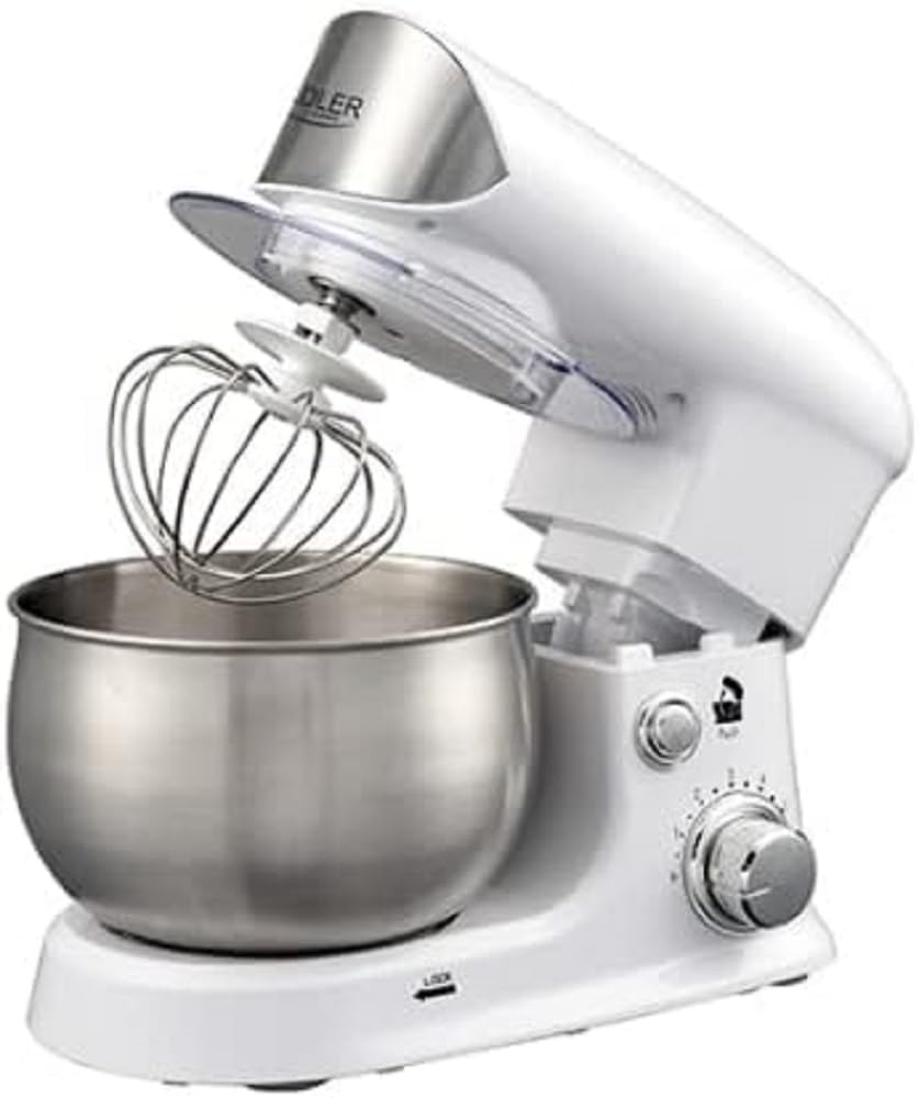 Adler AD 4226w stacionārais mikseris - 300W jauda, 5 ātrumu iestatījumi, 2 maisīšanas piederumi, balts dizains.