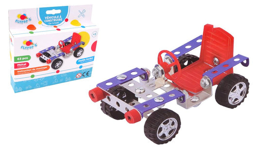 FLYPOP'S Auto salikšanai - Daudzkrāsains metāla montāžas komplekts ar 63 daļām, piemērots bērniem no 6 gadiem.