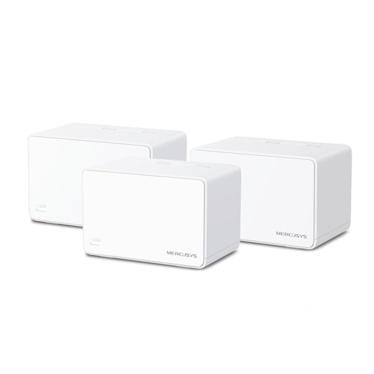 Mercusys Halo H3000X Mesh-WLAN komplekts (3 gab.), Wi-Fi 6 AX3000 divjoslas maršrutētājs un repeateris, 3 × Gigabit pieslēgumi katrā ierīcē, MU-MIMO, WPA3, bērnu aizsardzība, ieteicams mājām ar 3–5 guļamistabām.