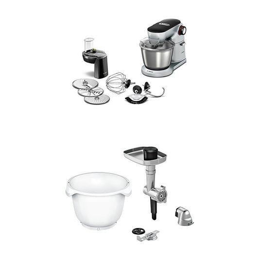 Bosch Optimum MUM9D33S11 virtuves kombains (1300 vati, nerūsējošā tērauda maisīšanas bļoda, 3D maisīšanas sistēma, 7 slēgšanas līmeņi) platīna sudrabs + MUZ9BS1 piederumi virtuves kombainiem