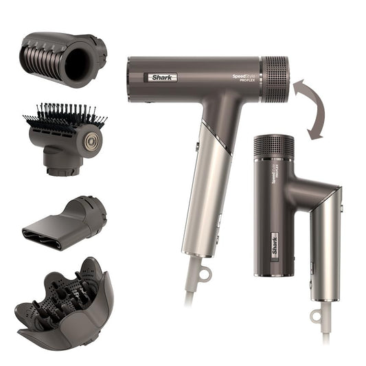 Shark SpeedStyle Pro FLEX matu fēns, augsta jauda un jauda ar 4 stila uzgaļiem, viegls, bez karstuma bojājumiem, salokāms rokturis, visiem matu tipiem, Mokka-sudraba HD542EU