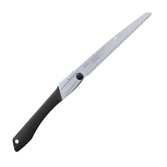 Silky Gomboy 270 mm salokāmais zāģis – japāņu rokas zāģis ar 10 zobiem uz 30 mm, hromētu asmeni un gumijas rokturi precīzai griešanai ārtelpās, kempingā, dārzā un amatniecības projektos