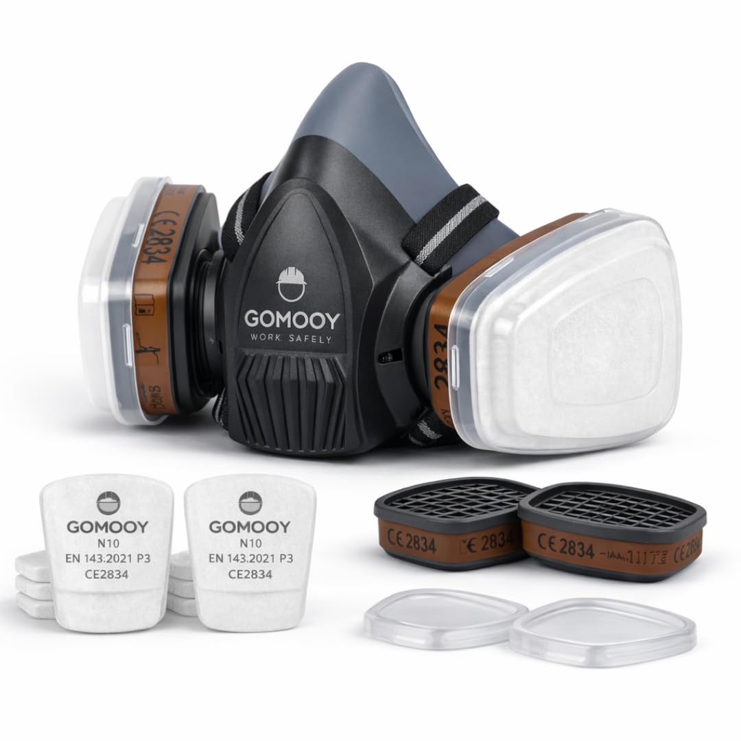 Gomooy respirators, gāzmaska ar dubulto filtru, jauns dizains, 8 rezerves filtri iekļauti, pusmaska pret putekļiem, darba aizsargmaska smidzināšanai, ķīmikālijām, pesticīdiem, tvaikiem, krāsošanai