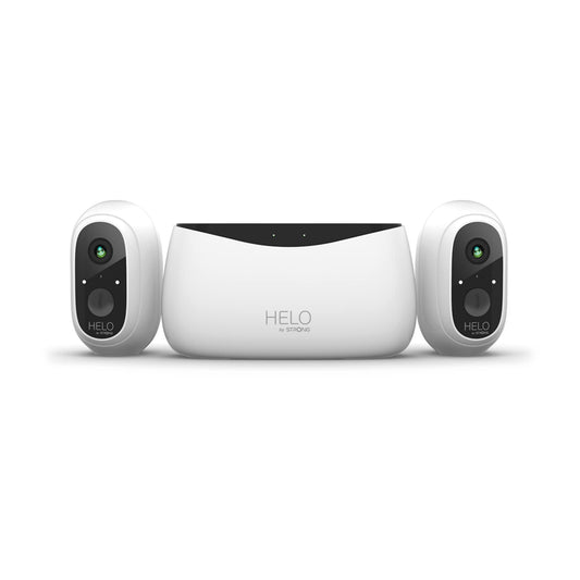 Spēcīga HELO uzraudzības kamera FHD 1080P kameras komplekts ar bāzes staciju, 2 bezvadu drošības āra kamerām ar nakts redzamības funkciju, kustības noteikšanu, lietotnes kontroli, akumulatora darbības laiku 180 dienas, balta.