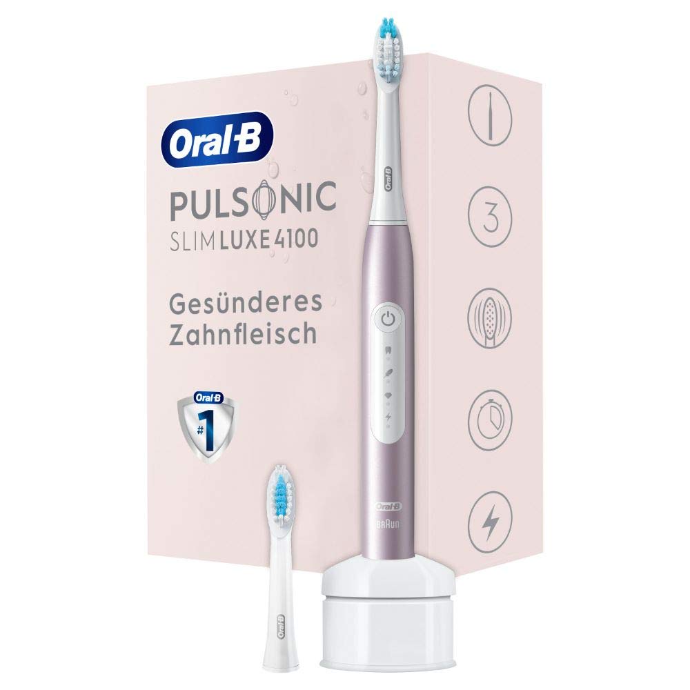 Oral-B Pulsonic Slim Luxe 4100 Elektriskā skaņas zobu birste, 2 uzgaļi, 3 tīrīšanas režīmi zobu kopšanai un veselīgām smaganām, dāvana vīrietim/sievietei, rozā zelta