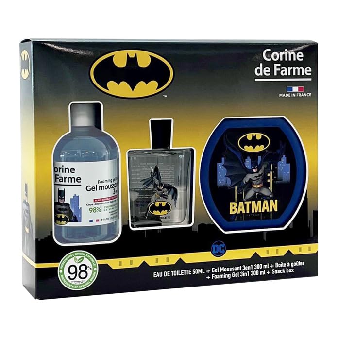Bērnu smaržas Corine de Farme Batman dāvanu komplekts ar Eau de Toilette 50 ml, putu vanna 300 ml un pusdienu kastīti