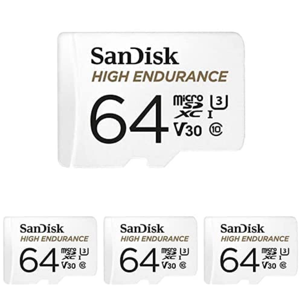 SanDisk High Endurance microSD karte 64 GB + Rescue Pro Deluxe (dashcam un mājas uzraudzības sistēmām, augsta izturība un ilgmūžība, Full HD/4K video) balta, 4 iepakojumā