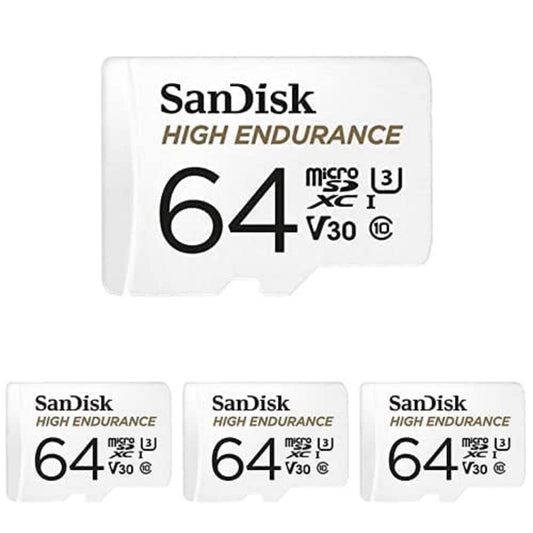 SanDisk High Endurance microSD karte 64 GB + Rescue Pro Deluxe (dashcam un mājas uzraudzības sistēmām, augsta izturība un ilgmūžība, Full HD/4K video) balta, 4 iepakojumā