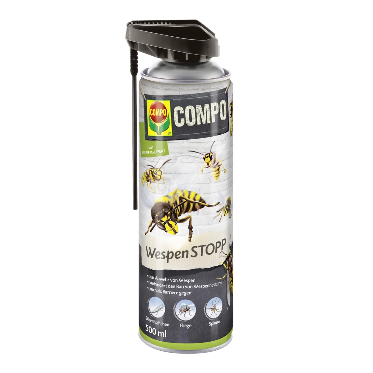 COMPO WespenSTOPP – lapseņu aerosols ar smidzināšanas caurulīti, pret lapsenēm un lapseņu ligzdām, tūlītēja un ilgstoša iedarbība, 500 ml, zaļš