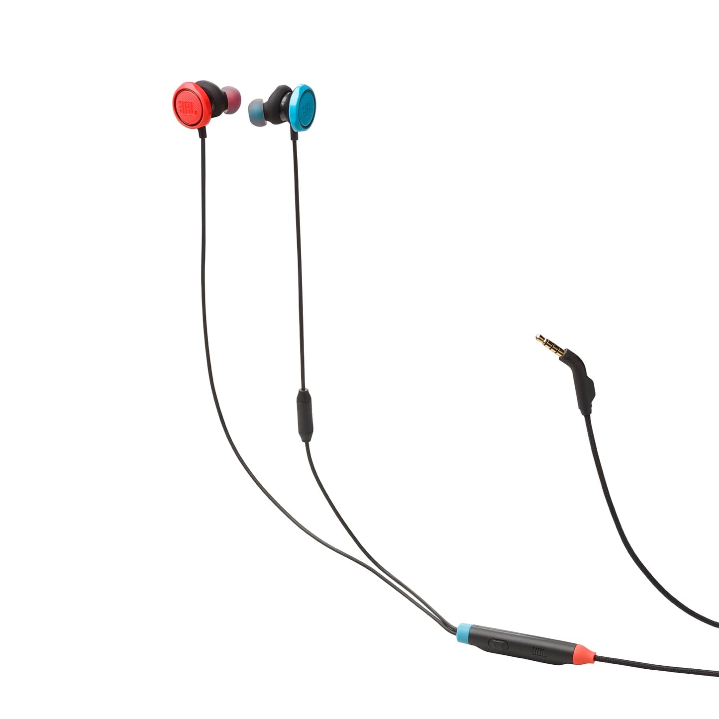 Gaminga austiņas JBL Quantum 50N ar vadu, in-ear, JBL QuantumSOUND Signature, mikrofons ar balss fokusu, skaļuma slīdnis un izslēgšana, daudzplatformu saderība, Twistlock, zils/sarkans