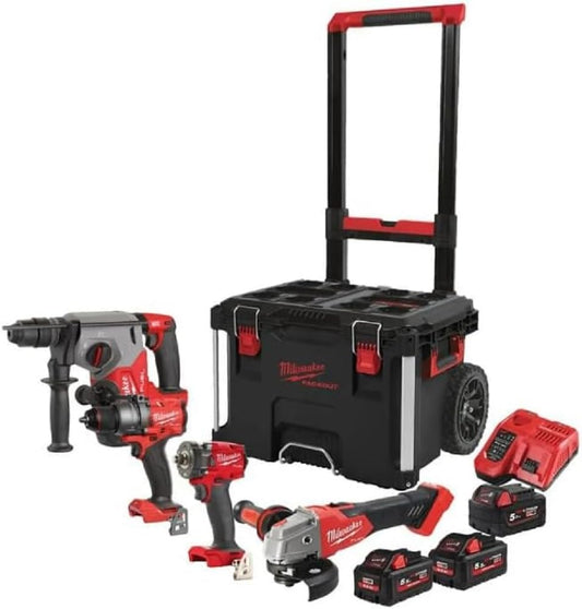 Milwaukee 4-daļīgs instrumentu komplekts - M18 urbis, slīpmašīna, FPP4C-555T, 4933492525, jaudīgi instrumenti.