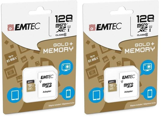 Emtec ECMSDM128GXC10 EliteGold 128GB microSDXC atmiņas karte - augsta ātruma (iepakojumā ar 2)