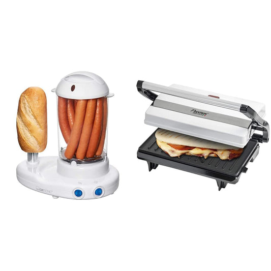 Clatronic HDM 3420 Hot-Dog-Maker ar olu vārītāju, balts 251136 un Bestron kontaktgrils ar notektrauku, sviestmaižu makers ar Cool-Touch rokturi, Paninimaker, 700 W, APM123W, balts