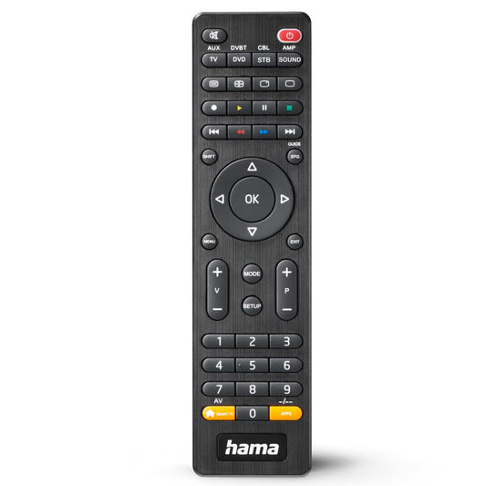 Hama universālā tālvadības pults TV, 8 ierīcēm (infrasarkanais, gudrā poga, 10m darbības attālums, ideāli piemērota, piemēram, TV, DVD atskaņotājam, videomagnetofonam, uztvērējam, audio, iepriekš ieprogrammēta) melna