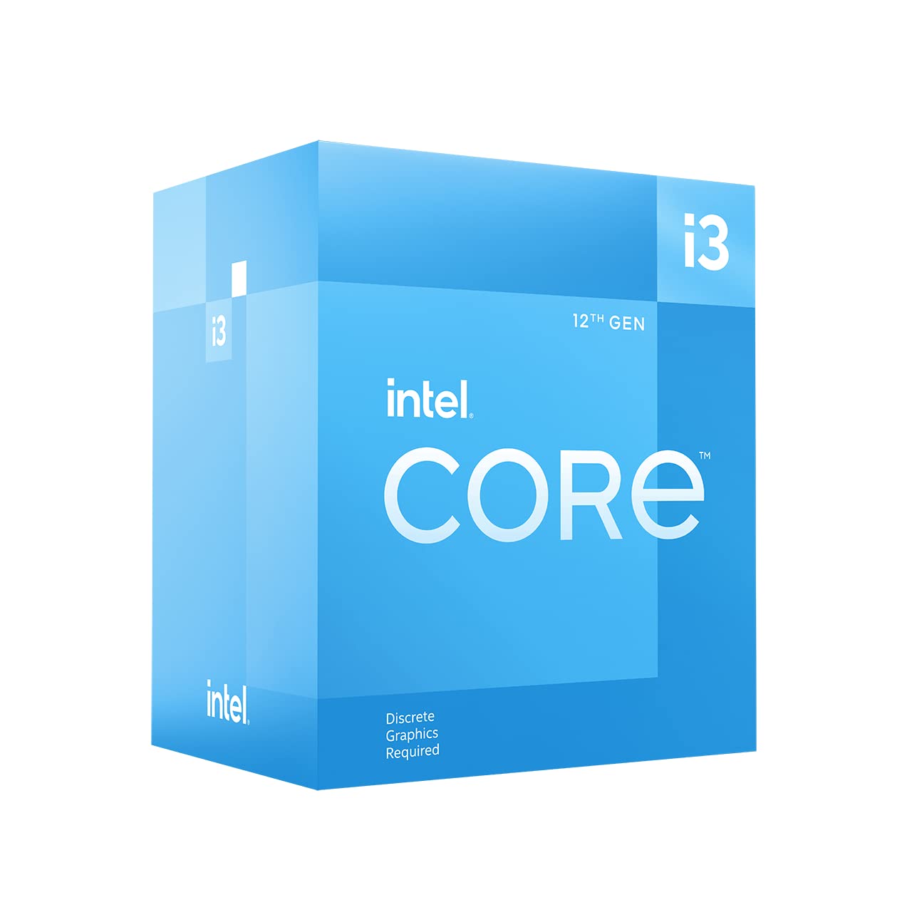 Intel Core i3-12100F 12th generation desktop processor with a base clock speed of 3.3 GHz, featuring 4 cores, LGA1700 socket compatibility, and support for up to 128 GB of DDR4 and DDR5 RAM.