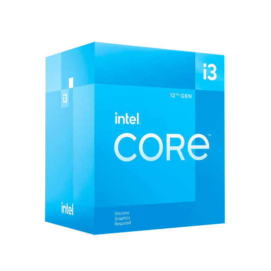 Intel Core i3-12100F 12th generation desktop processor with a base clock speed of 3.3 GHz, featuring 4 cores, LGA1700 socket compatibility, and support for up to 128 GB of DDR4 and DDR5 RAM.