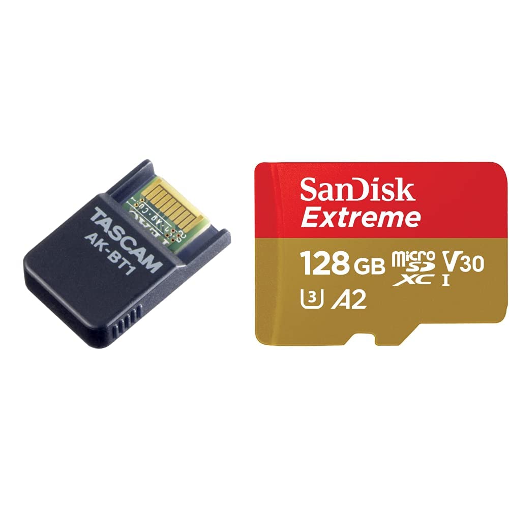 Tascam AK-BT1 - Bluetooth adapteris TASCAM produktiem un SanDisk Extreme microSDXC UHS-I atmiņas karte 128 GB + adapteris (viedtālruņiem, action kamerām un droniem, A2, C10, V30, U3, 190 MB/s)