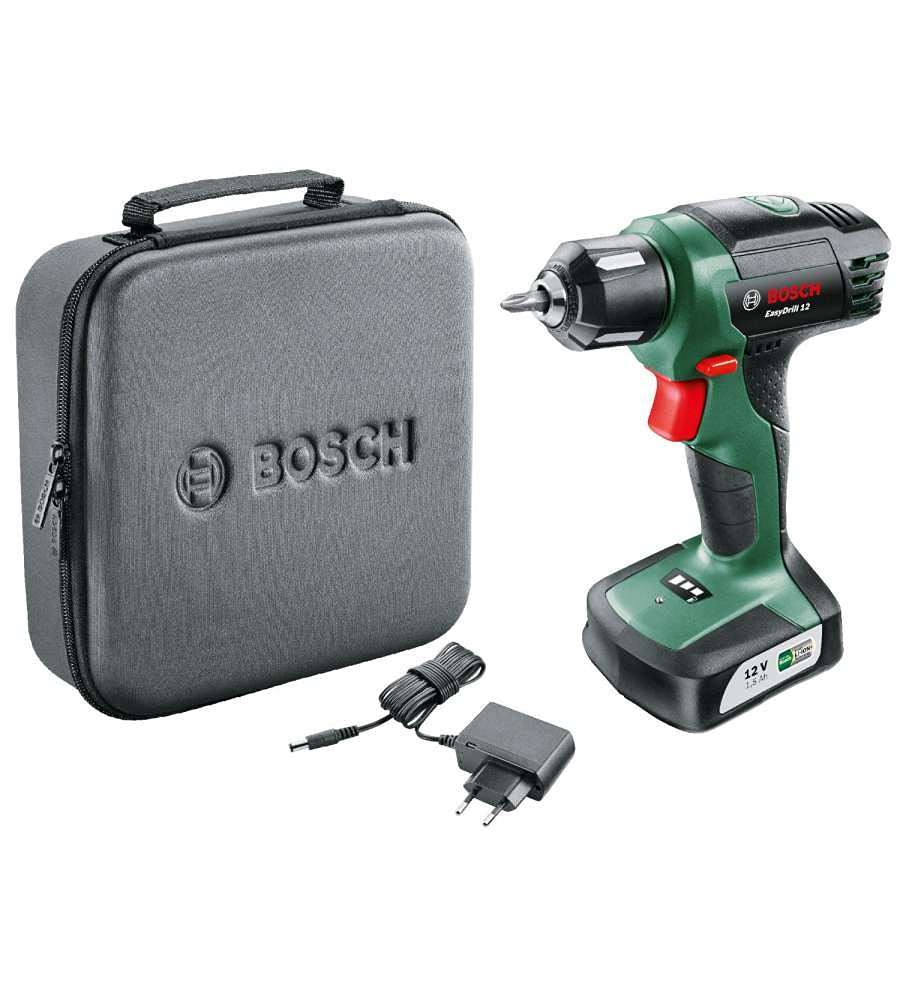 Bosch EasyDrill 12 - 12V cordless drill with battery, charger, screwdriver bit, and soft case, 20mm wood drilling capacity.