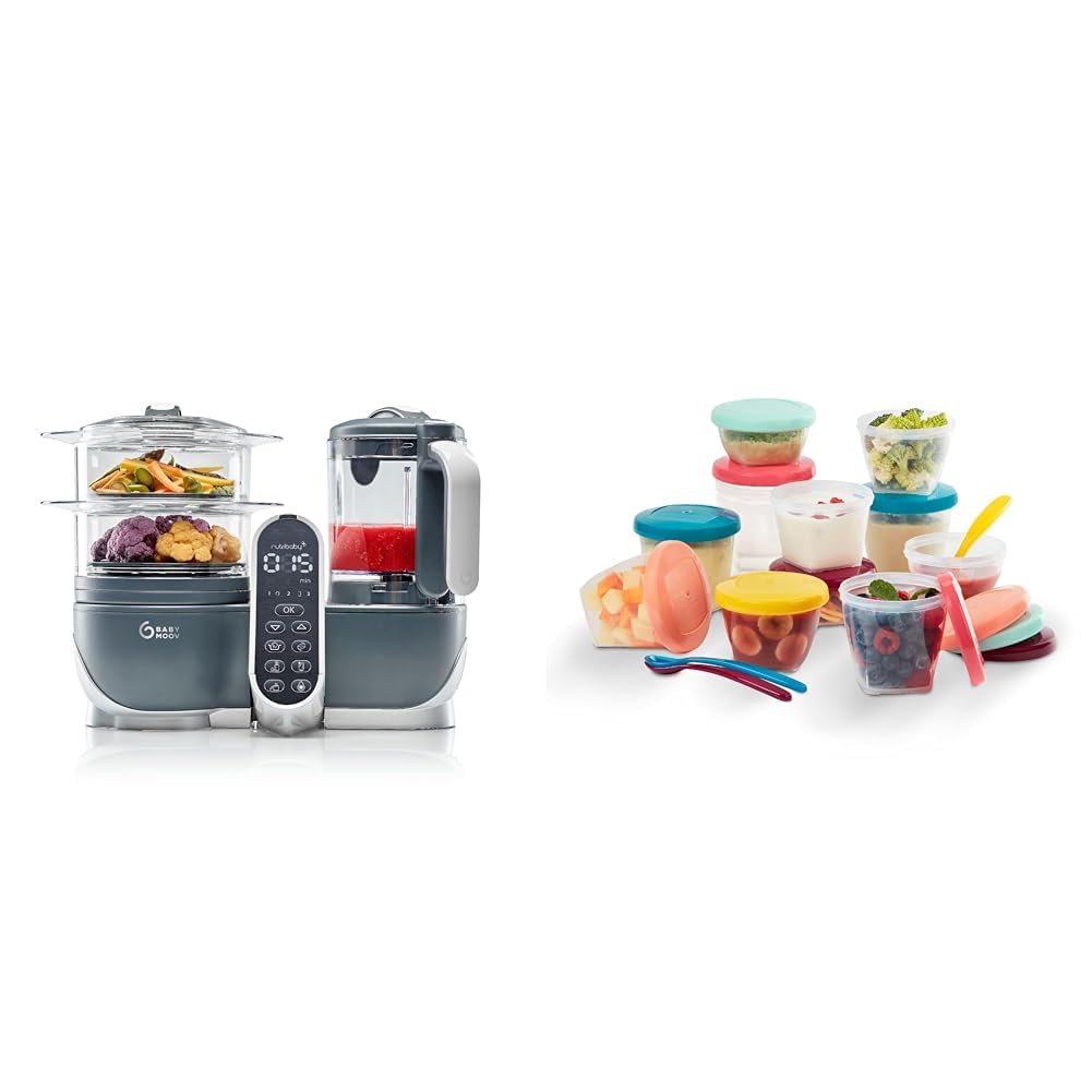 Babymoov Nutribaby Plus industrial grey bērnu pārtikas pagatavošanas ierīce ar Babybols trauku komplektu, 3x120ml + 3x180ml + 6x250ml + 3 elastīgas karotītes