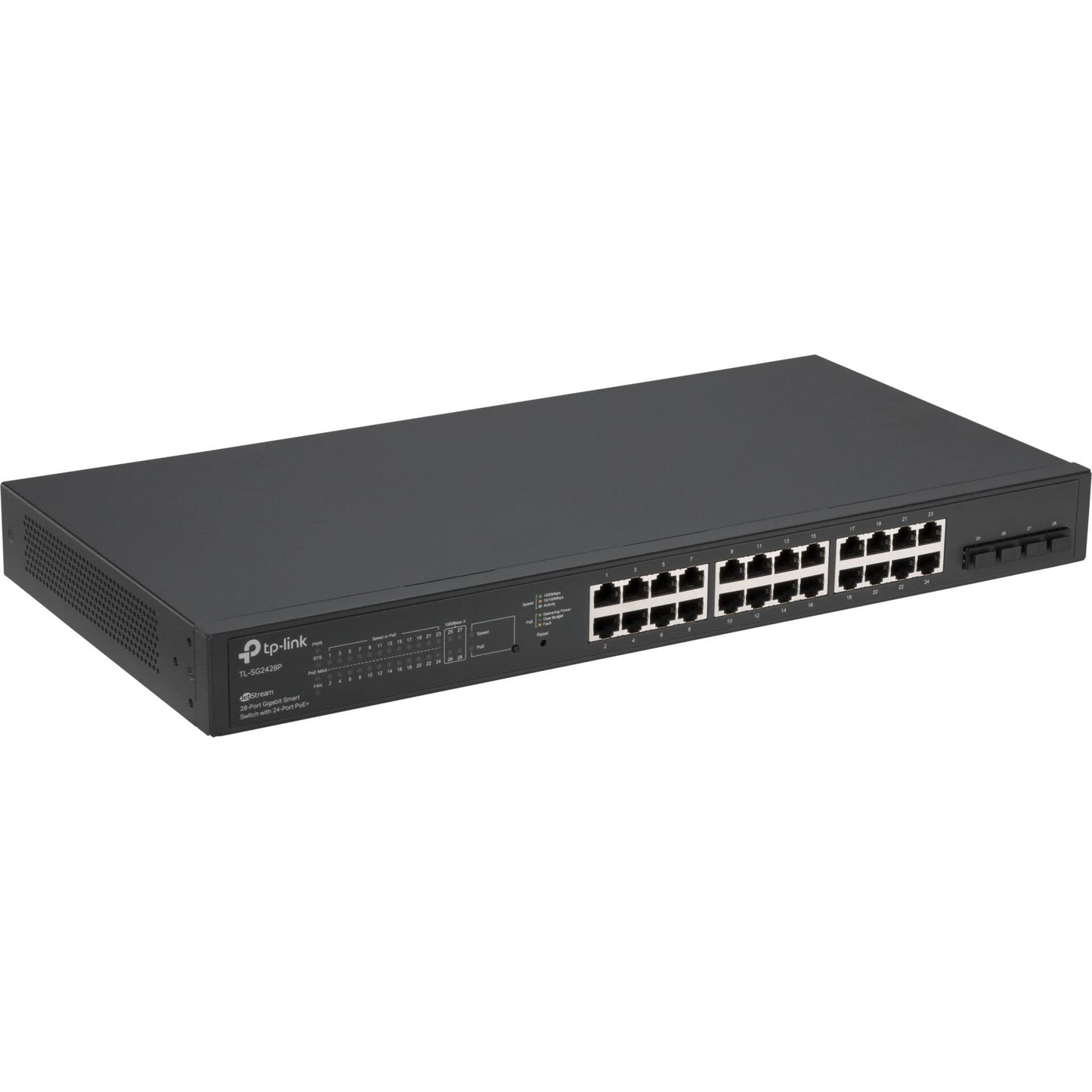 TP-LINK TL-SG2428P 24 portu Gigabit pārvaldāms PoE slēdzis ar 4 SFP slotiem, 250 watt, centralizēta Cloud vadība, Omada SDN, IPv6, drošs tīkls, melns, biznesa tīkls