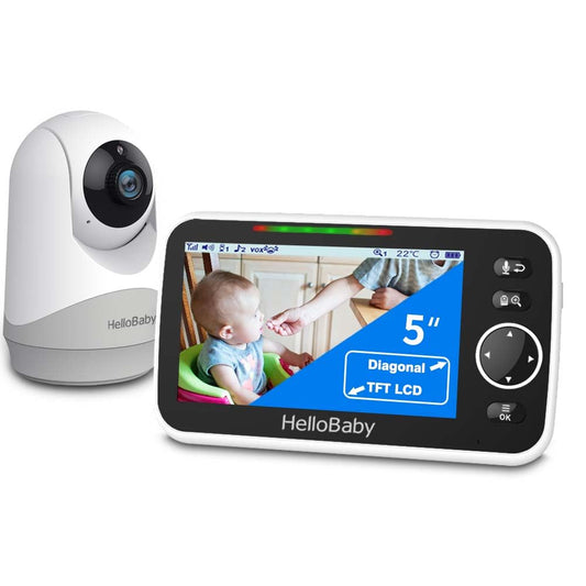 Baby monitors ar kameru HelloBaby bez Wi‑Fi, 5 collu monitors ar 3500-mAh akumulatoru