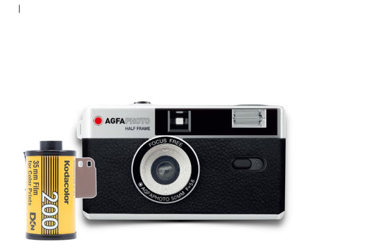 AgfaPhoto analoga 35mm 1/2 formāta foto kamera melnā krāsā komplektā ar krāsu negatīvu filmu + akumulatoru