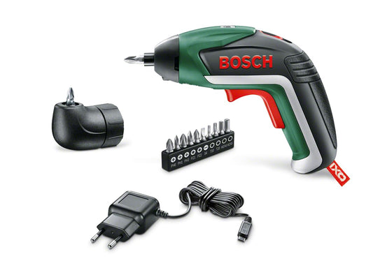Bosch IXO akumulatora skrūvgriezis - 5. paaudze, leņķa uzgalis, 10 biti, USB lādētājs, mīkstais futrālis, 3,6V