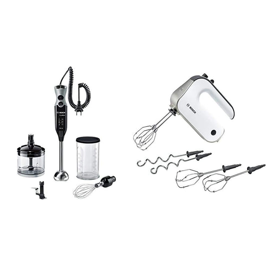 Bosch MSM67170 ErgoMixx rokas mikseru komplekts (nerūsējošā tērauda maisīšanas kāts, maisīšanas trauks, 12 ātrumu līmeņi, 750 vati) melns/pelēks un MFQ4835DE Styline, Premium rokas mikseris, 2 pāri maisīšanas slotiņu, 575 W, nerūsējošais tērauds, balts