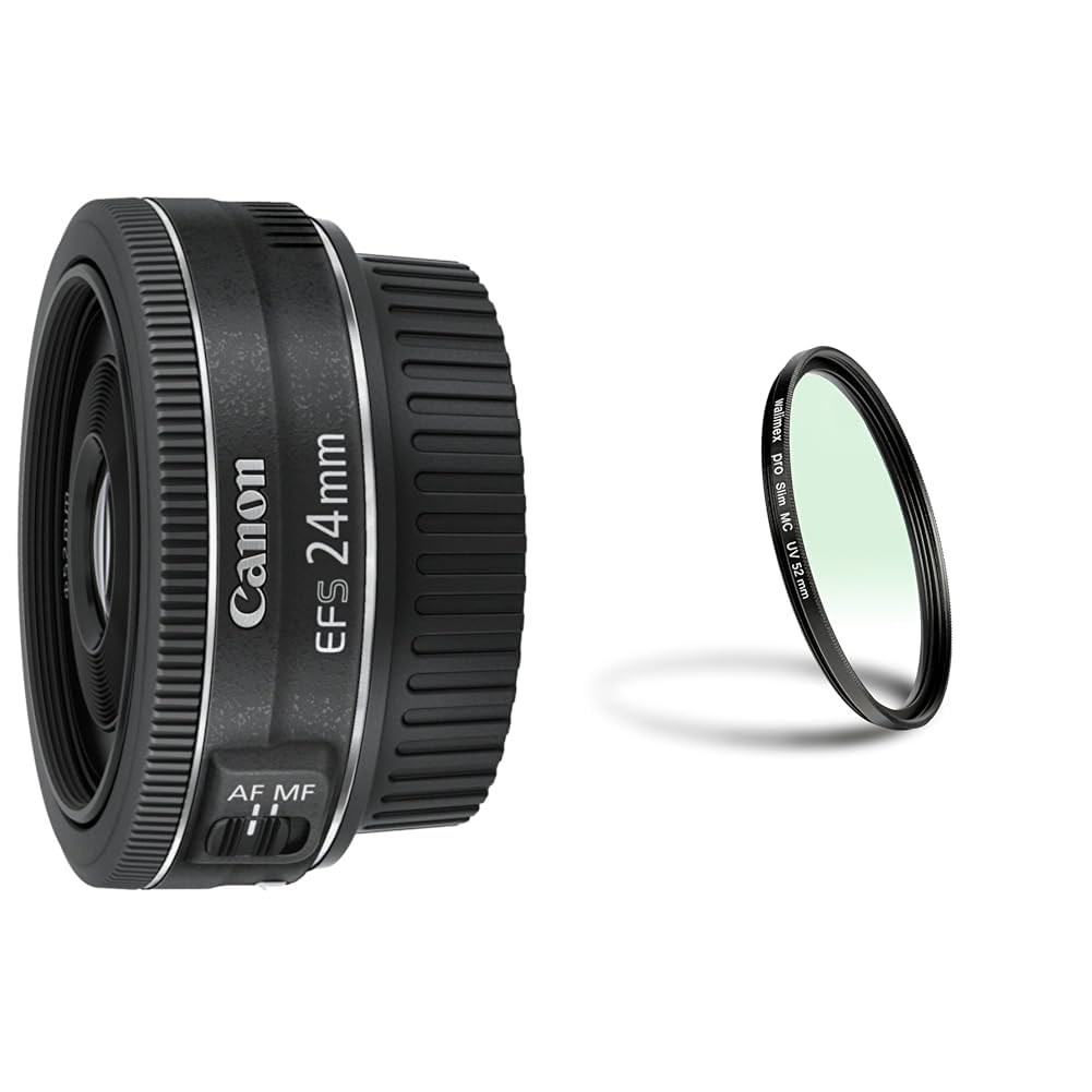 Canon objektīvs EF-S 24mm F2.8 STM pankūka EOS kamerām (fiksētā fokusa, 52mm filtra vītne) melns un Walimex Pro UV filtrs Slim MC 52 mm (iekļauts aizsargapvalks)