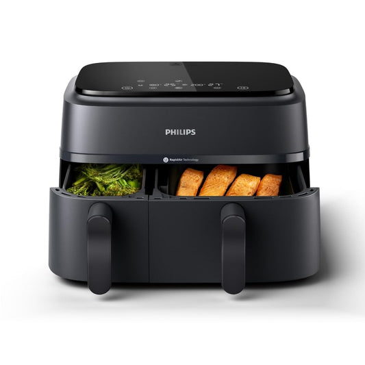 Philips Airfryer Dual Basket 3000 - 9L, cooks 2 dishes simultaneously, RapidAir Plus, 90% less fat, energy-efficient, HomeID app.