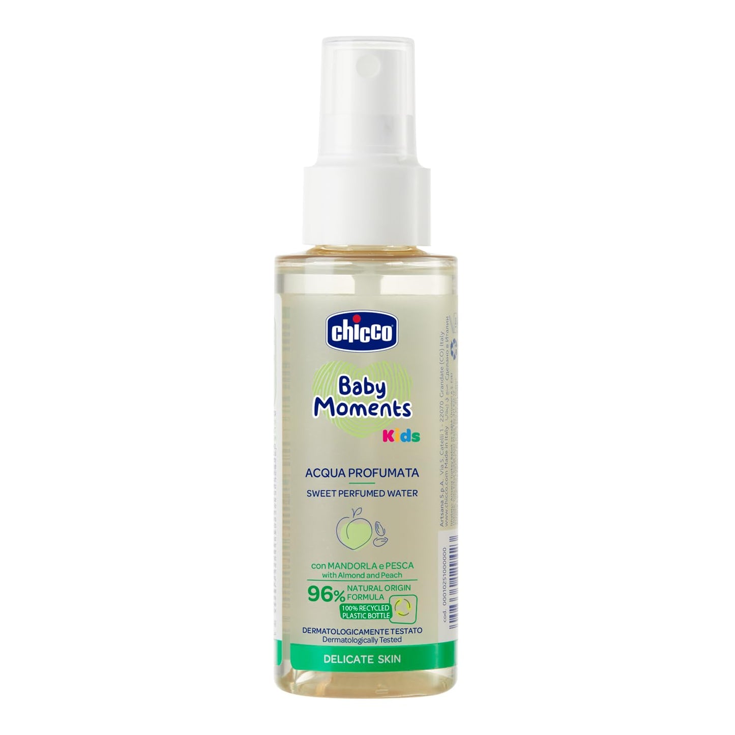 Bērnu parfimēts ūdens Chicco Baby Moments Kids, maigs aromāts, dabiskas sastāvdaļas, mandeļu un persiku ekstrakti, no 0 mēnešiem, 100 ml