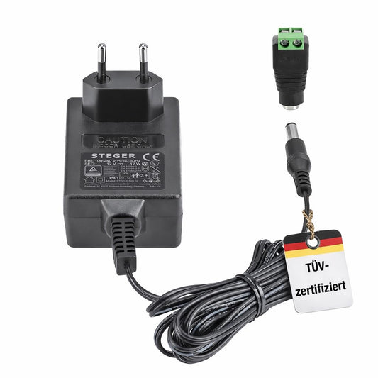 12V barošanas bloks STEGER 1A 12W, sertificēts barošanas avots rotaļlietām, LED, modelismam un IT ierīcēm, 5,5mm x 2,1mm spraudnis, universāls 100-240V AC/DC adapteris 50-60Hz