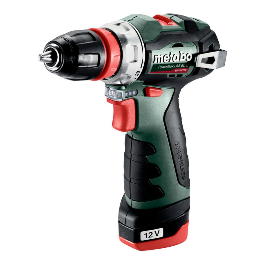 Metabo PowerMaxx BS BL - 12V cordless drill with 2 batteries and charger in a plastic case, ideal for versatile tasks.