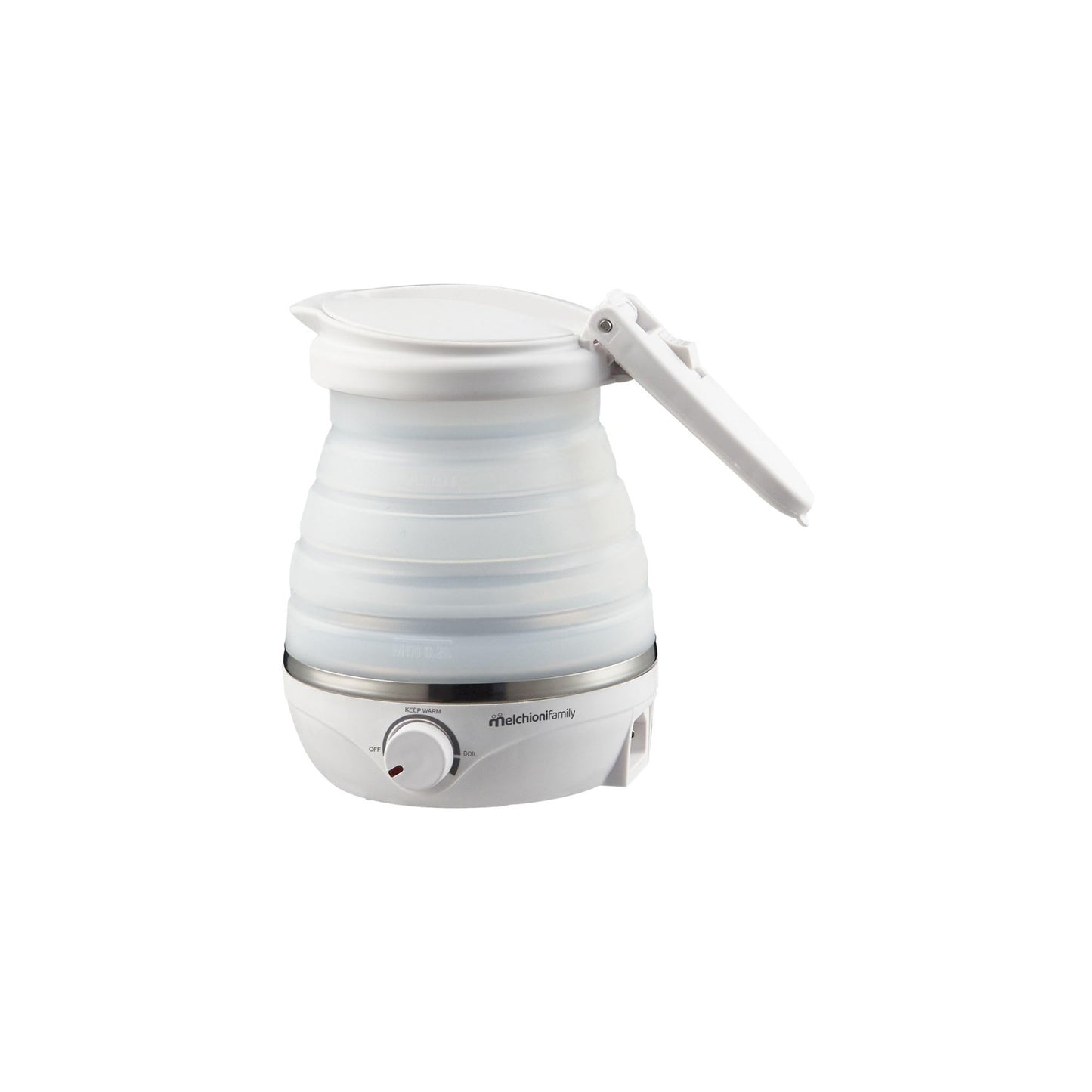 Melchioni Mrs KETTLE - Compact, foldable travel kettle, 0.6L capacity, dual voltage 220-240V/100-120V, 800W, perfect for travel.