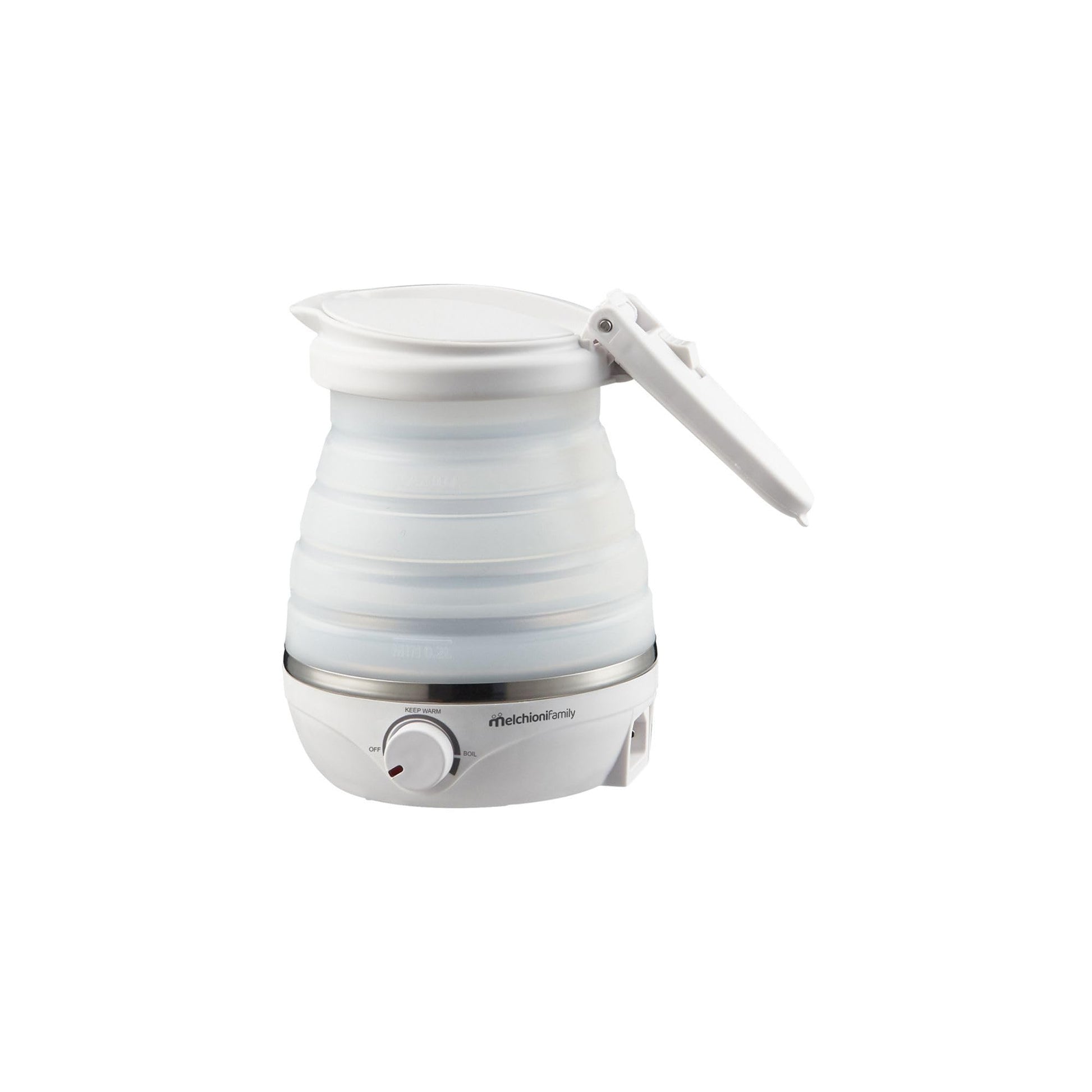 Melchioni Mrs KETTLE - Compact, foldable travel kettle, 0.6L capacity, dual voltage 220-240V/100-120V, 800W, perfect for travel.