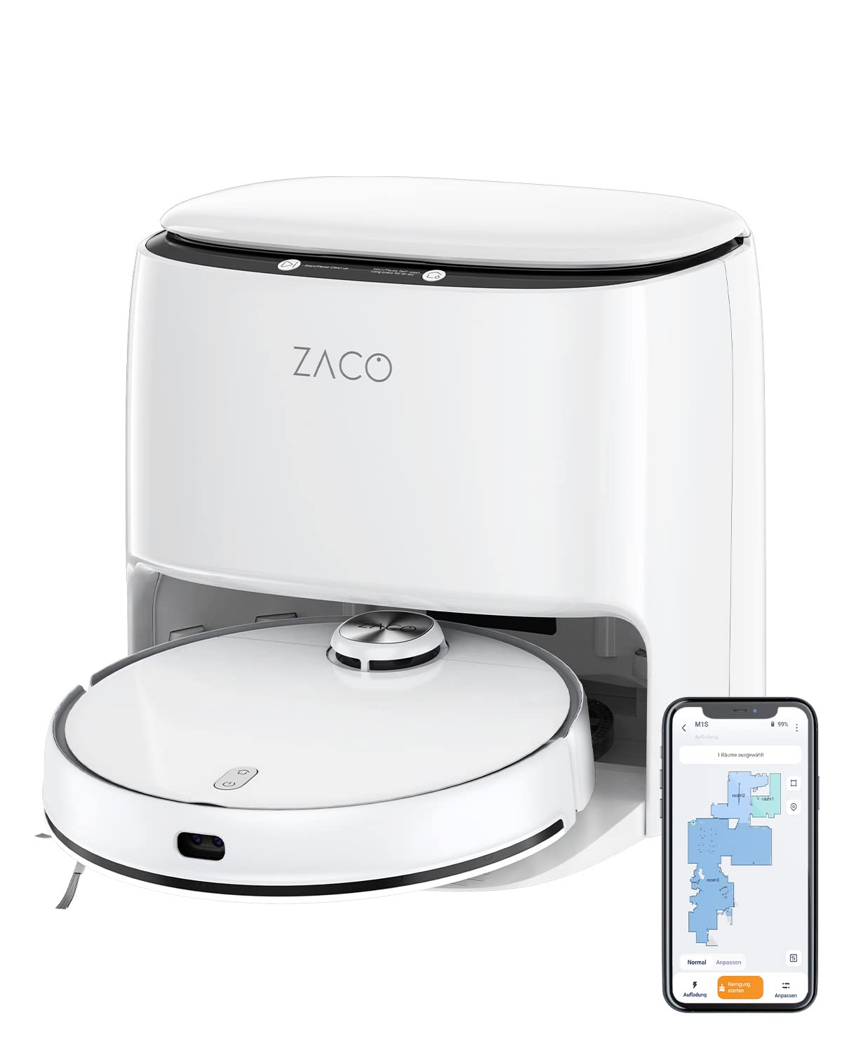 ZACO M1S Saug Wischroboter - pašattīrīšanās, lāzernavigācija, 4L ūdens tvertne, 180 min tīrīšana, dzīvnieku spalvām.