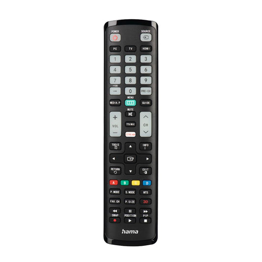 Hama universālā tālvadības pults Samsung televizoriem (infrasarkanais, mācīšanās spēja, izgaismotās pogas, viedā poga, vieglais režīms, ergonomiskas galvenās pogas, 10m darbības attālums) melna
