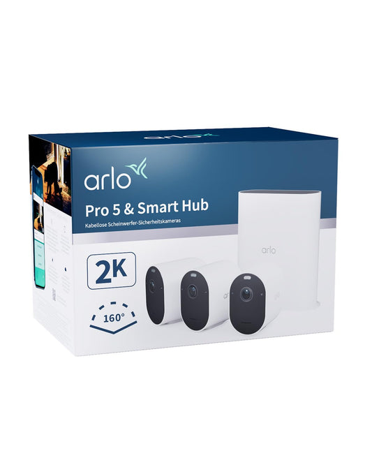 Arlo Pro 5 uzraudzības kamera + USB atmiņas ierīce SmartHub, 2K+ HDR video, bezvadu, uzlabota krāsu nakts redzamība, 160° skatījuma leņķis, prožektors, divvirzienu audio, trauksmes sirēna + Arlo Secure izmēģinājuma periods, 3 gab.