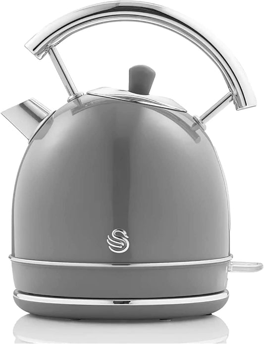 Swan Retro elektriskā tējkanna - 1,8L, vintage dizains, automātiskā izslēgšanās, bezvadu, BPA nesaturošs, 3000W, pelēka