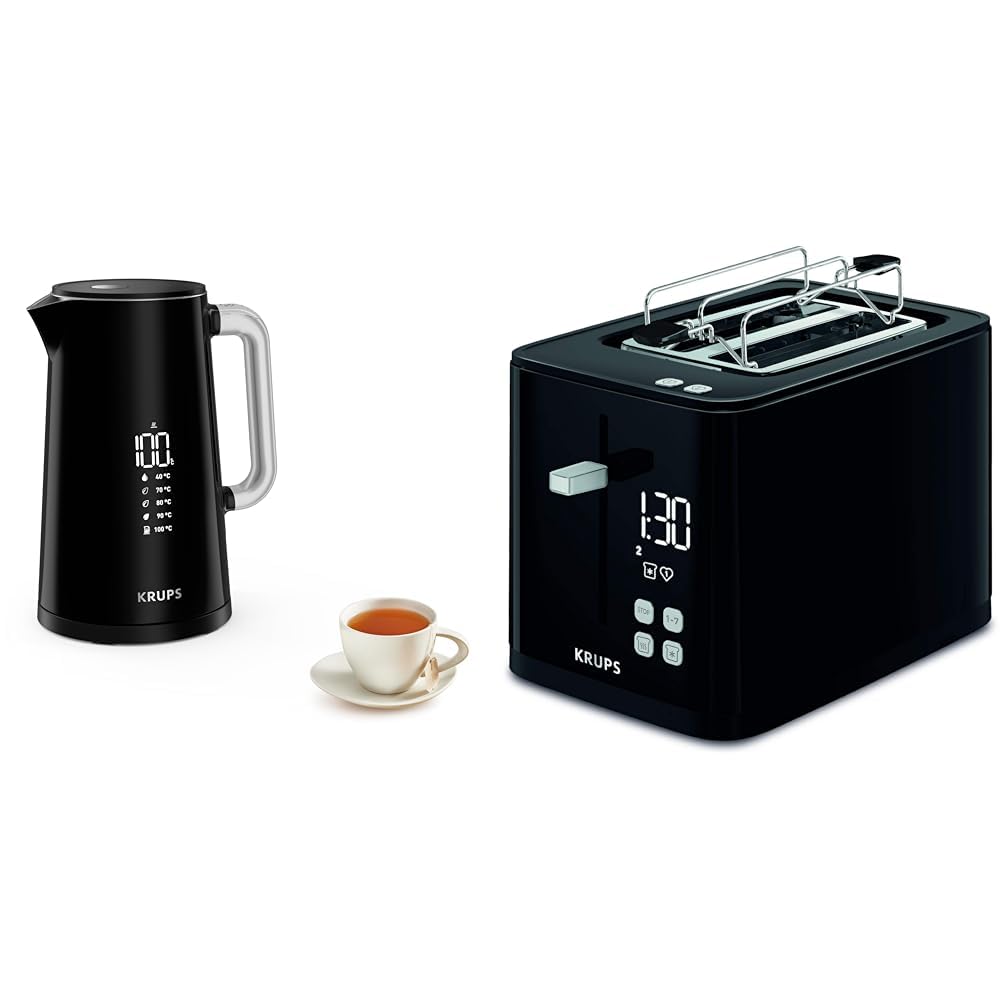 Krups BW8018 Smart'n Light elektriskais tējkanna | 5 temperatūras līmeņi | 30 min. siltuma saglabāšanas funkcija | 1,7 l ietilpība | Melns & KH6418 Smart'n Light tosteris | divu šķēļu tosteris | Melns