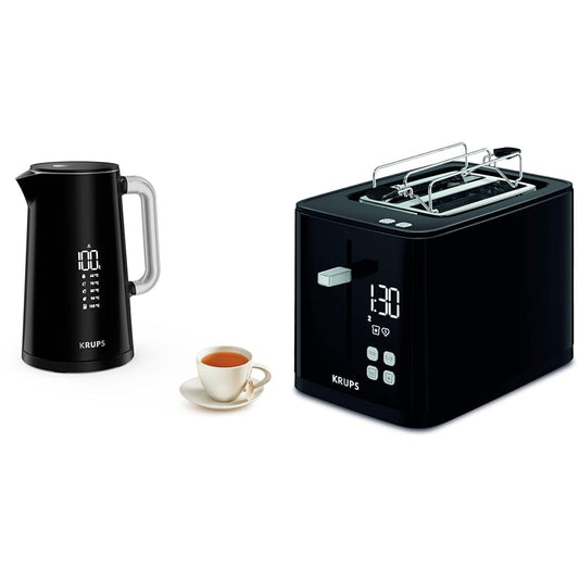 Krups BW8018 Smart'n Light elektriskais tējkanna | 5 temperatūras līmeņi | 30 min. siltuma saglabāšanas funkcija | 1,7 l ietilpība | Melns & KH6418 Smart'n Light tosteris | divu šķēļu tosteris | Melns