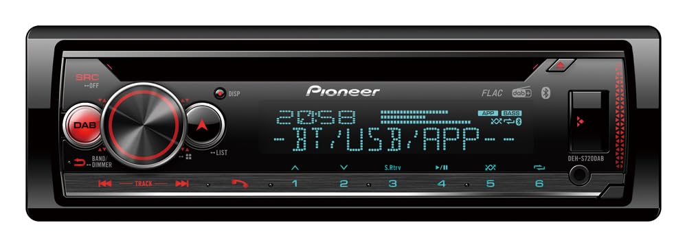 Pioneer DEH-S720DAB, 2-DIN autoradio, CD tuneris ar FM un DAB+, Bluetooth, MP3, USB un AUX ieeju, RGB apgaismojums, brīvroku ierīce, Smart Sync lietotne, 13 joslu ekvalaizers