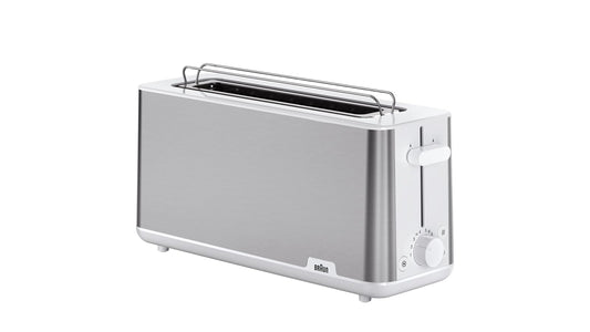 Braun tosteris PurShine HT 1610 WH, 25cm maizes slots, 8 brūnināšanas pakāpes, sildīšanas un atkausēšanas funkcija, maizīšu turētājs, drupatu kaste, 1030W, balts