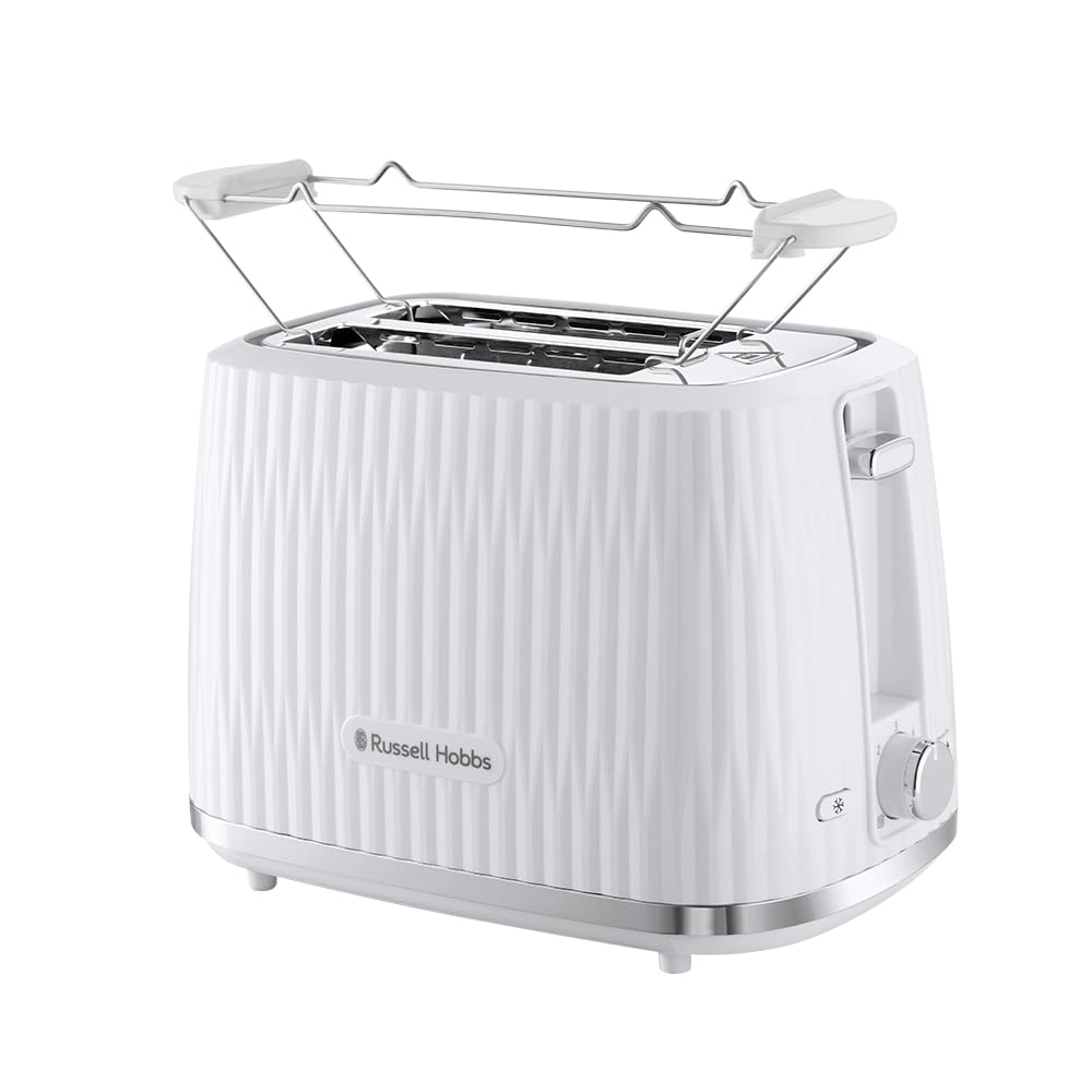 Russell Hobbs tosteris [2 šķēlēm] Eden (6 brūnināšanas līmeņi, pacelšanas funkcija, atkausēšanas, uzsildīšanas un apstāšanās funkcija, drupatu atvilktne, maizes uzlikums, balts) 27370-56