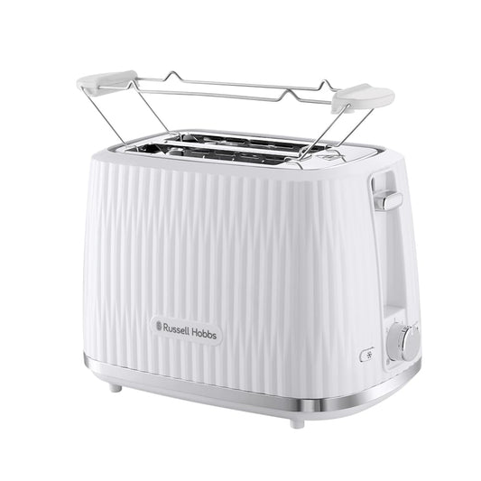 Russell Hobbs tosteris [2 šķēlēm] Eden (6 brūnināšanas līmeņi, pacelšanas funkcija, atkausēšanas, uzsildīšanas un apstāšanās funkcija, drupatu atvilktne, maizes uzlikums, balts) 27370-56