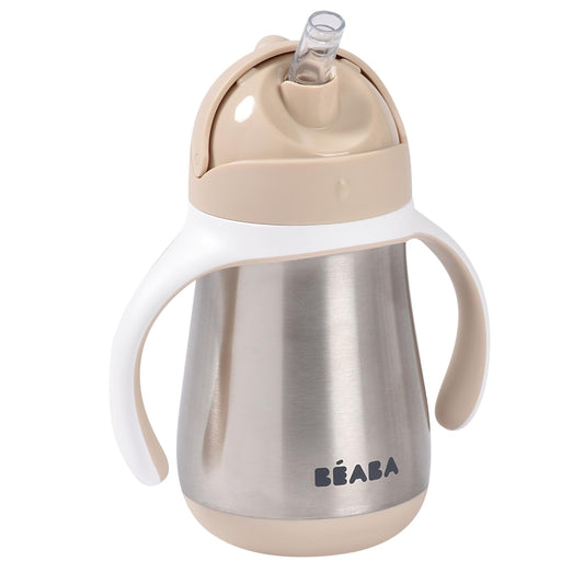 BÉABA 2-in-1 nerūsējošā tērauda mācību pudele un salmiņu krūzīte 250 ml, 100% hermētiska, viegli atverama, noņemami rokturi, veselīga un izturīga, izturīgs nerūsējošā tērauda materiāls, krāsa Argile